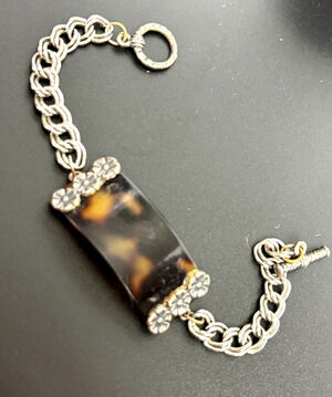 Vintage Faux Tortoise shell Pattern Panel Bracelet Floral Silver Tone Toggle 7"